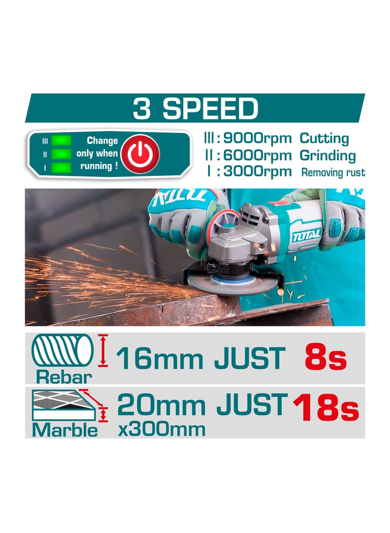 TOTAL 20V Cordless Angle Grinder, Brushless Motor, 900W Max Power, 115mm Disc, 3-Speed 3000/6000/9000rpm, with 2x4.0Ah Batteries, Charger, 5 Cutting Discs, Carrying Case - Image 4